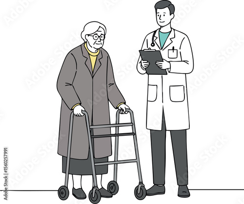 Elderly woman with walker consulting male doctor in white coat medical checkup vector illustration