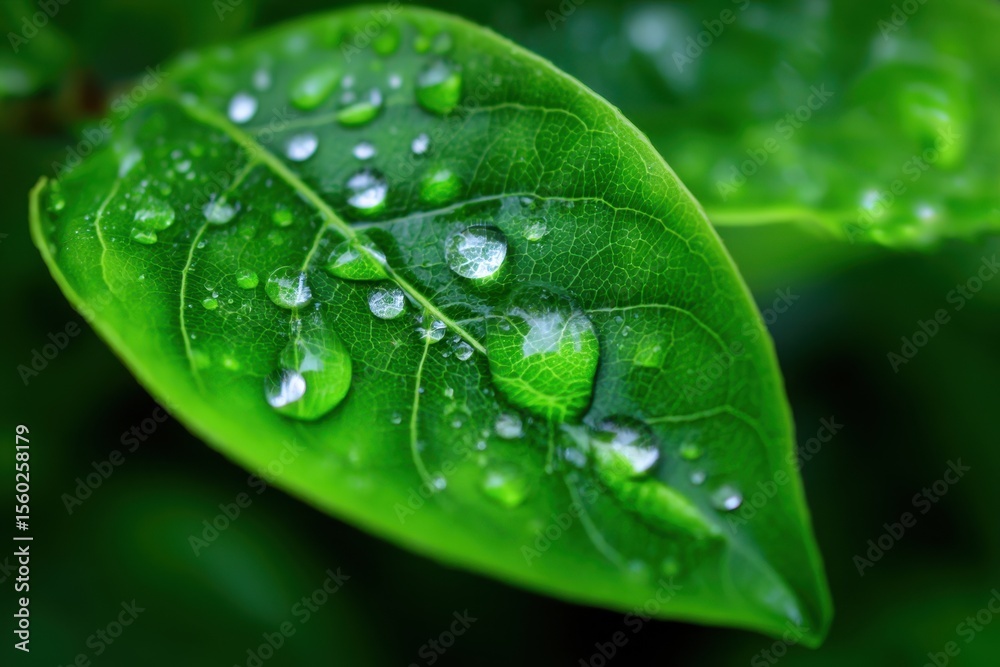 Fototapeta premium Water droplets glisten on a fresh green leaf after rain in a garden setting