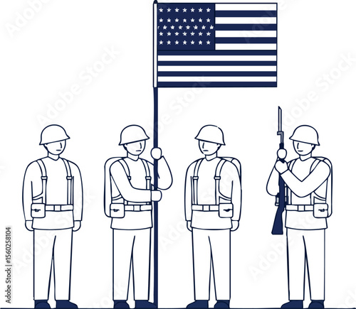 United States soldiers holding flag and standing guard vector illustration of military personnel and patriotic symbol in line art style
