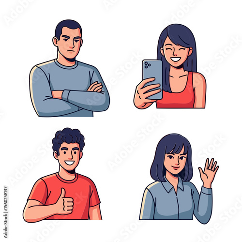 Vector SVG Design of Cartoon People Illustrations in Modern Flat Style Cartoon Characters Showing Different Emotions and Interactions with Outline