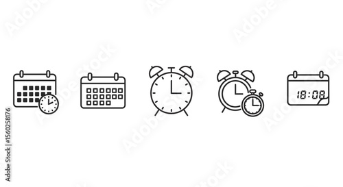 Icon Set Vector SVG Design with Calendar and Clock Elements in Outline Style