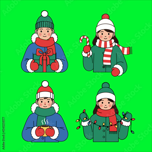Illustration Vector SVG Design with Winter Characters Holiday Elements and Flat Design Style in Green Blue and Red