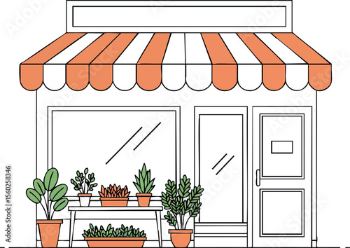 Small flower shop storefront with orange and white striped awning and potted plants vector illustration