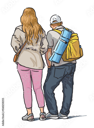 Traveling tourists couple standing outdoors, back view, colorful realistic freenahd drawing, vector illustration isolated on white background