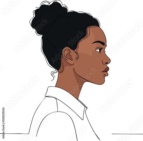 Profile portrait of young woman with bun hairstyle in white shirt vector drawing natural look
