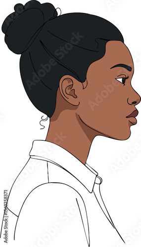 Profile of young woman with dark hair bun wearing white shirt in side view minimal vector art