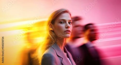 Portrait of elegant woman among motion-blurred business team in intense yellow-orange and pink light
