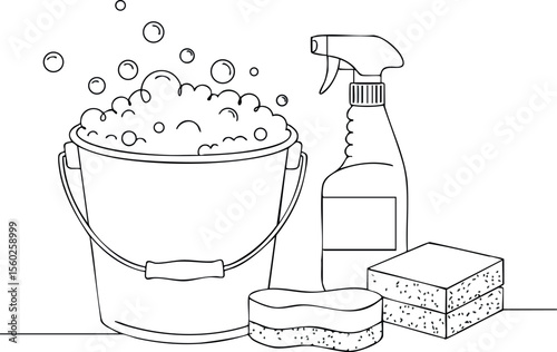 Cleaning supplies bucket with soap bubbles spray bottle and sponges for house cleaning tools vector illustration