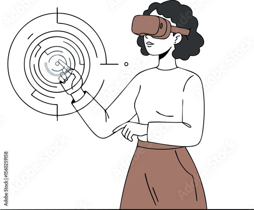 Woman wearing virtual reality headset interacting with digital maze technology vector illustration