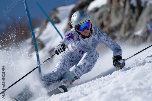 Professional skier navigates slalom course on snowy mountain during daytime competition