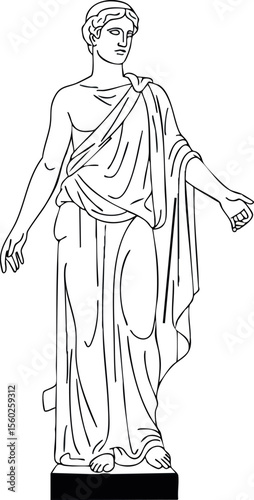 Classical statue of ancient Greek female figure draped in flowing robes vector line art illustration