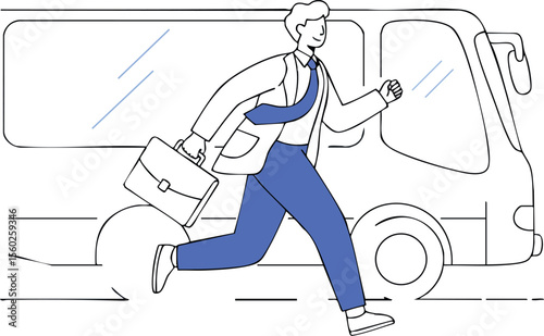 Businessman running to catch bus in hurry with briefcase and blue pants professional vector illustration