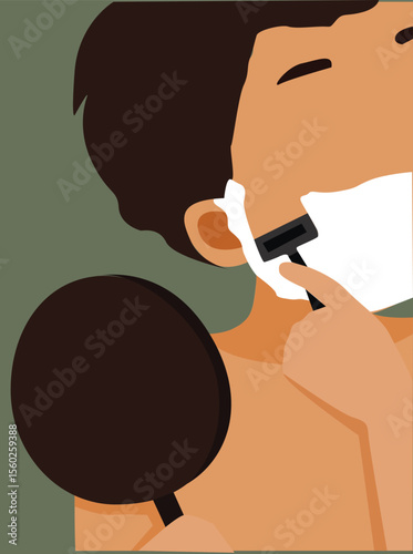 man shaving beard. young man with shaving foam shaves his beard with razor, takes care of his face