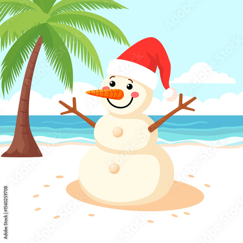 A happy snowman on the sand of a beach for a Christmas in July celebration during a holiday. A fun and cute character with a carrot nose at the ocean on a hot day during a summer vacation at the coast