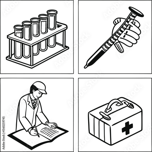 Laboratory equipment medical supplies and person writing test tubes rack medical syringe