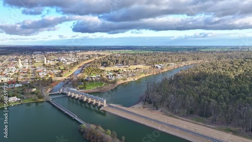 Wallpaper Mural Aerial reveal of the town of Yarrawonga Victoria over the main street Torontodigital.ca