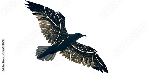 A dark silhouette of a raven in flight, its wings formed by intricate leaf patterns, isolated on transparent background, creating an elegant and abstract design