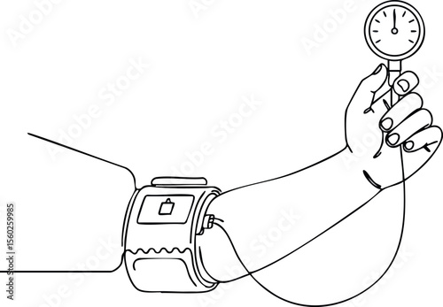 Hand holding sphygmomanometer measuring blood pressure with wrist cuff vector illustration medical health monitoring device