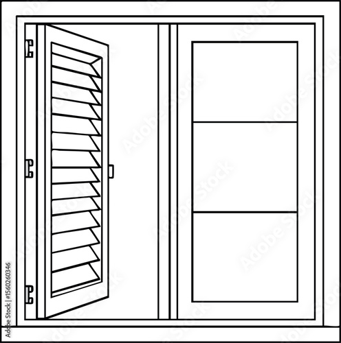 Window with open louvered shutter design in simple black line art style vector illustration