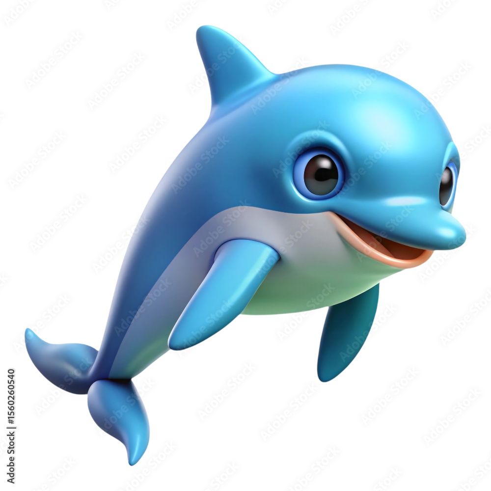 Fototapeta premium Cartoon illustration of a stylized blue dolphin with a smiling expression and large eyes, rendered in 3 D, isolated on a transparent background