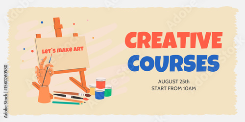 Template horizontal banner for art schools, studios, drawing courses and creative workshops. Creative supplies: paints, easel, pencils, brushes. Flat vector illustration.