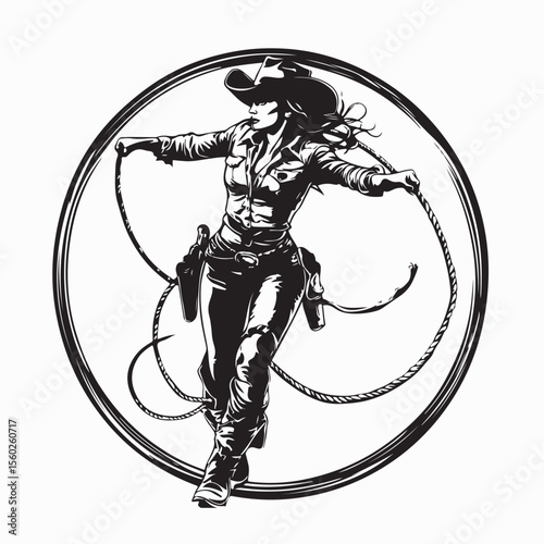 Cowgirl Performing Impressive Lasso Skills in Rodeo Action Vector Illustration