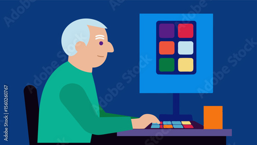 A senior man sitting at a computer playing a memory game that involves remembering and repeating sequences of colors and sounds.. Vector illustration