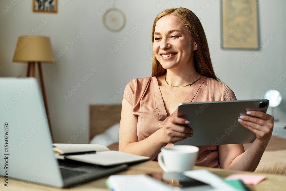 Smiling young woman enjoys a cozy moment at home while using her tablet Smiling young woman enjoys a cozy moment at home while using her tablet