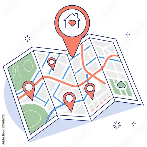 Detailed map with multiple location pins and a house with heart pin on top indicating home location
