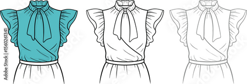  Fashion flat sketch of ruffle sleeve top with bow tie neck, vector illustration for women's clothing design and garment template

flat vector illustration