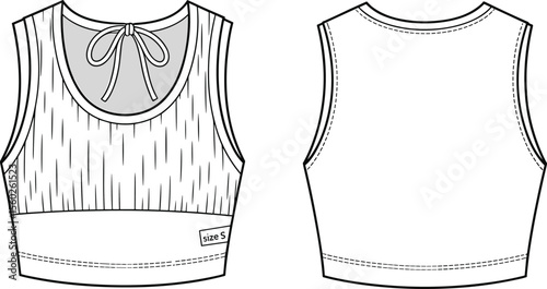 Fashion flat sketch of women’s cropped tank top with back tie detail, elastic waistband, sleeveless design, front and back view flat vector illustration