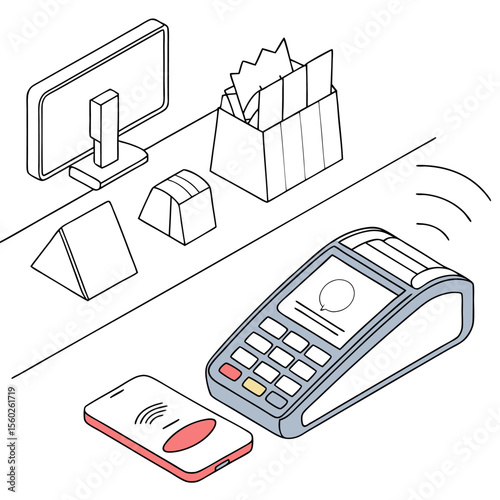Isometric view of a payment terminal with a mobile phone and geometric shapes on a counter surface top view