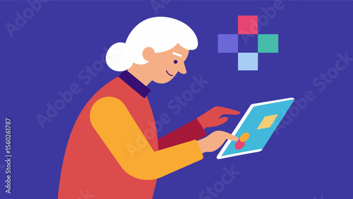 A person in their 60s playing a spatial awareness game on their tablet exercising their brains ability to perceive and understand objects in their environment.. Vector illustration