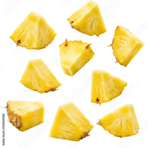 Fresh pineapple chunks present a vibrant yellow color with a tropical fruit appeal against a dark background.