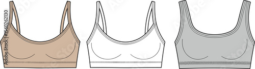Fashion flat sketch of women’s seamless sports bra with scoop neckline, underbust band, double straps, activewear top, front view illustration flat vector illustration