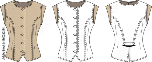 Fashion flat sketch of women’s sleeveless fitted vest with front buttons, curved seam detailing, back tab accent, front and back view flat vector illustration