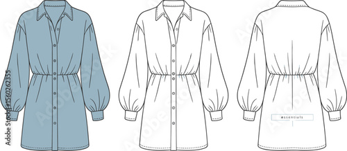  Fashion flat sketch of women's long sleeve shirt dress with gathered waist, cuffed sleeves, collar detail, front and back viewflat vector illustration