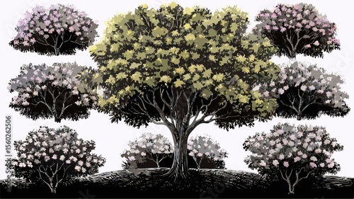 Collection of Stylized Trees, Landscape Design Elements, Digital Painting