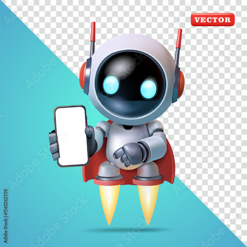 Cute flying robot is showing the screen of the smartphone he is holding, 3d vector. Suitable for technology and business