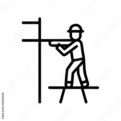 Worker on scaffolding installing flag on transparent background  
