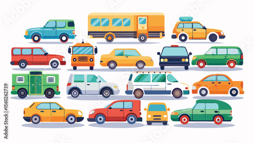 Colorful Cartoon Car Collection Diverse Vehicles in Flat Design Including Sedans SUVs Buses and Trucks for Children s Illustrations