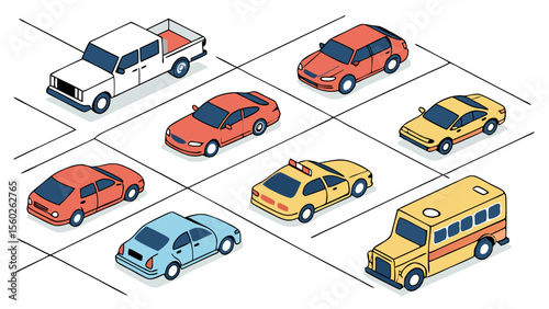 Isometric Illustration of Various Vehicles in a Parking Lot with a Simple Grid Layout and White Background