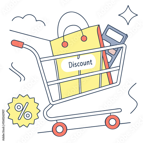 Illustration of a shopping cart filled with a discount bag and a calculator, with a percentage sign nearby