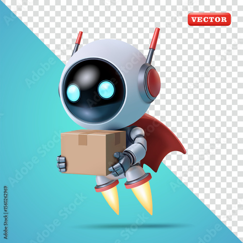 Cute flying robot carrying package box, 3d vector. Suitable for technology and business