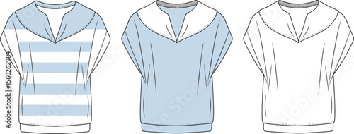 Front view of women’s loose fit sailor collar top, fashion flat sketch, striped and plain variations, technical garment drawing template

 flat vector illustration