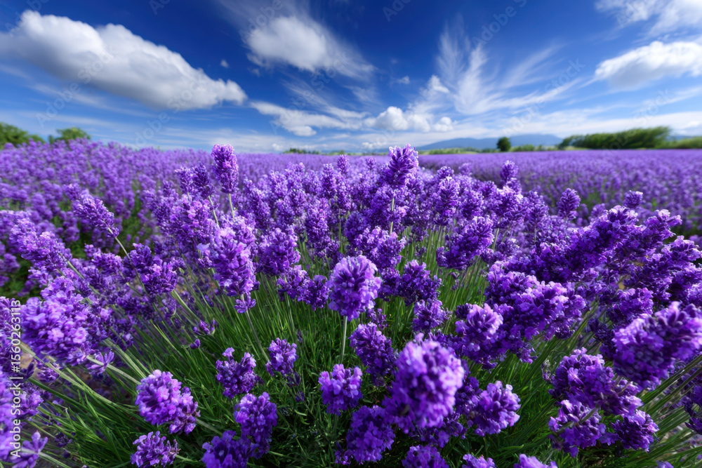 Naklejka premium Lavender field under a bright blue sky with fluffy clouds on a sunny day