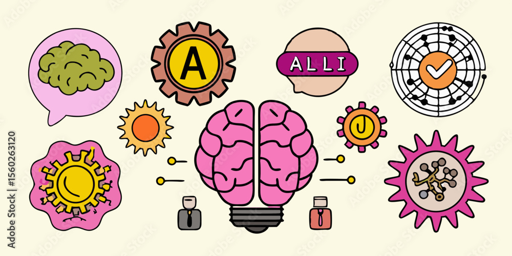 Fototapeta premium Colorful and Creative Brainstorming Illustration with Gears Lightbulb Brain and Abstract Shapes on a Light Beige Background Representing Innovation and Ideas