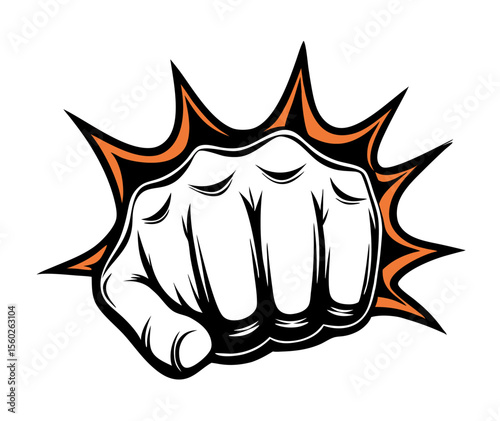 Powerful Fist Punching Through Background, Retro Comic Style Illustration
