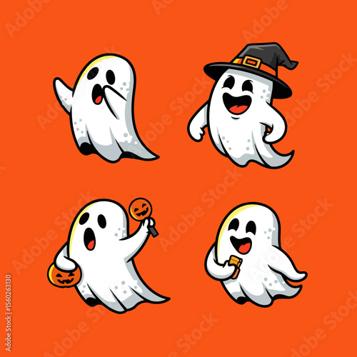 Halloween Ghost Vector SVG Illustration Set with Flat Design and Orange Background