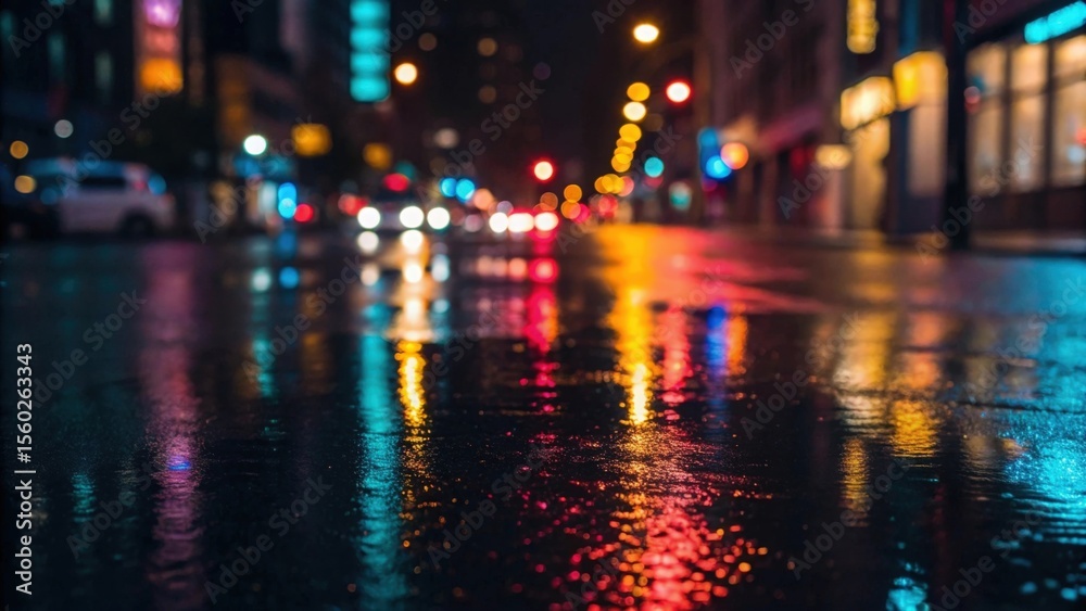 Obraz premium Blurred colorful city lights reflecting on wet asphalt during rainy night 